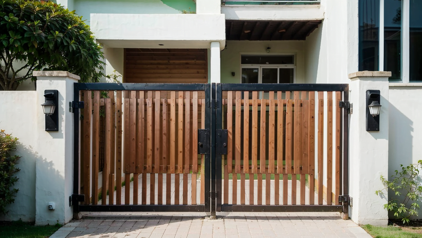 Residential Swing Gate 16 9 (wooden Finish Against House)